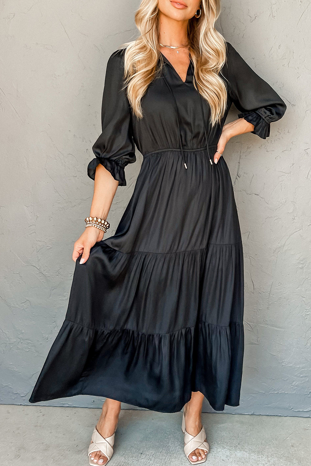Black Flounced Bracelet Sleeve V Neck Tiered Maxi Dress Black / S / 100%Polyester
