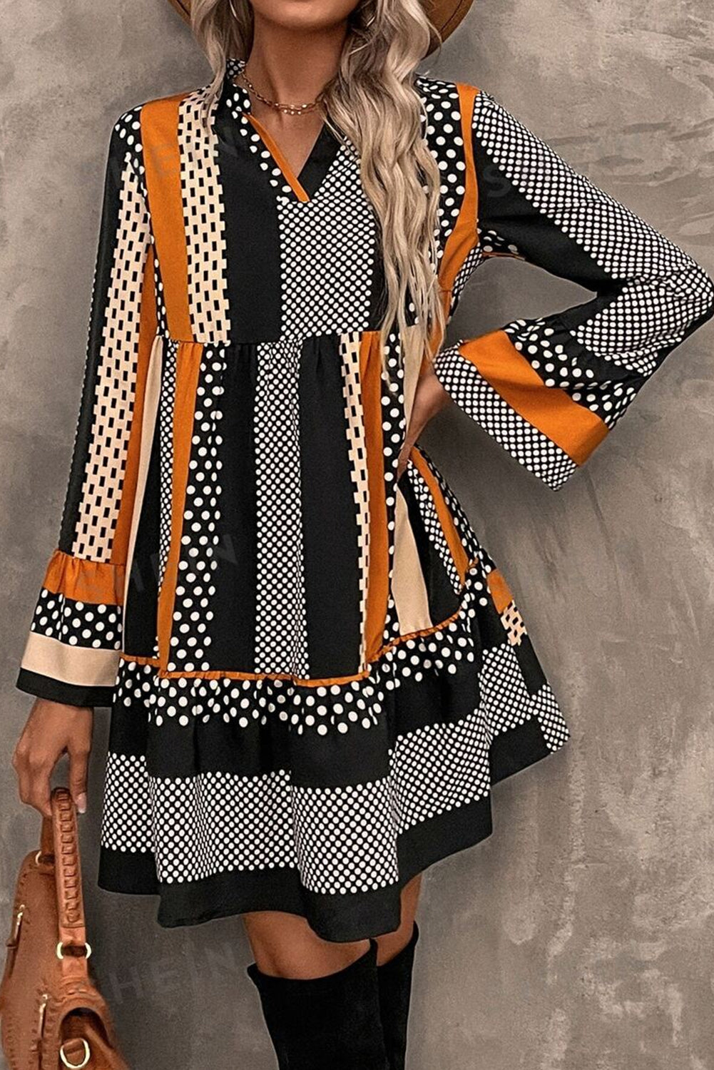 Black Striped Polka Dot Print Ruffled Hem V Neck Mini Dress Black / XL / 100%Polyester