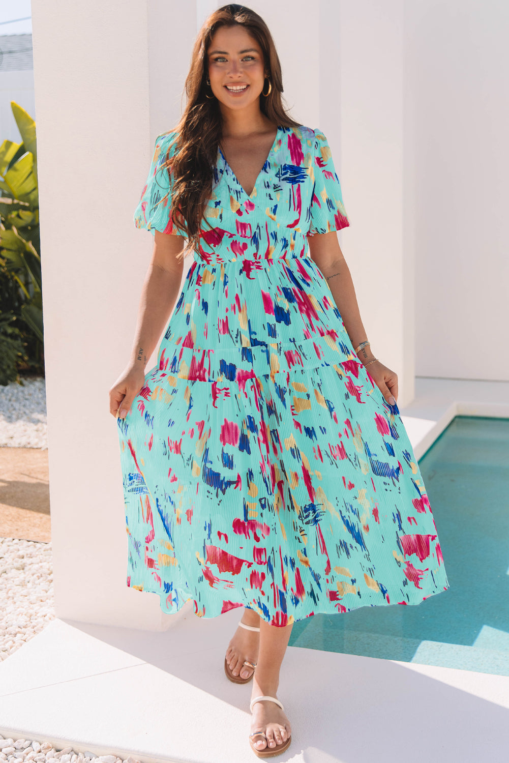 Roselyn Abstract Short Puff Sleeve Tiered Maxi Dress Sky Blue / M
