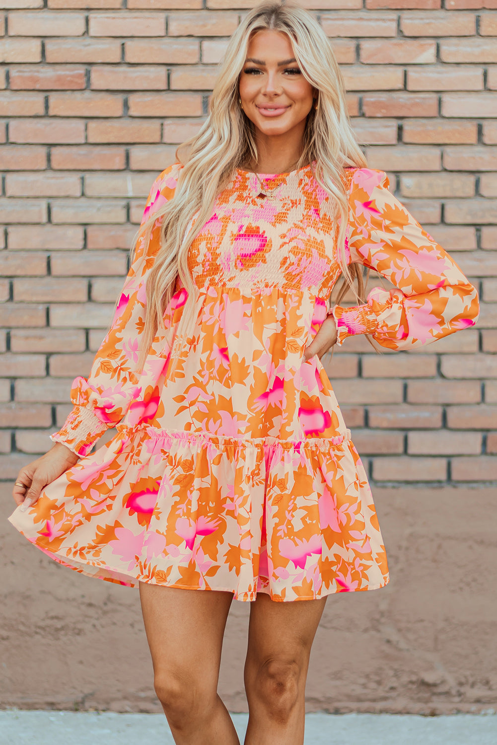 Orange Abstract Print Smocked Lantern Sleeve Ruffle Mini Dress Orange / M / 100%Polyester