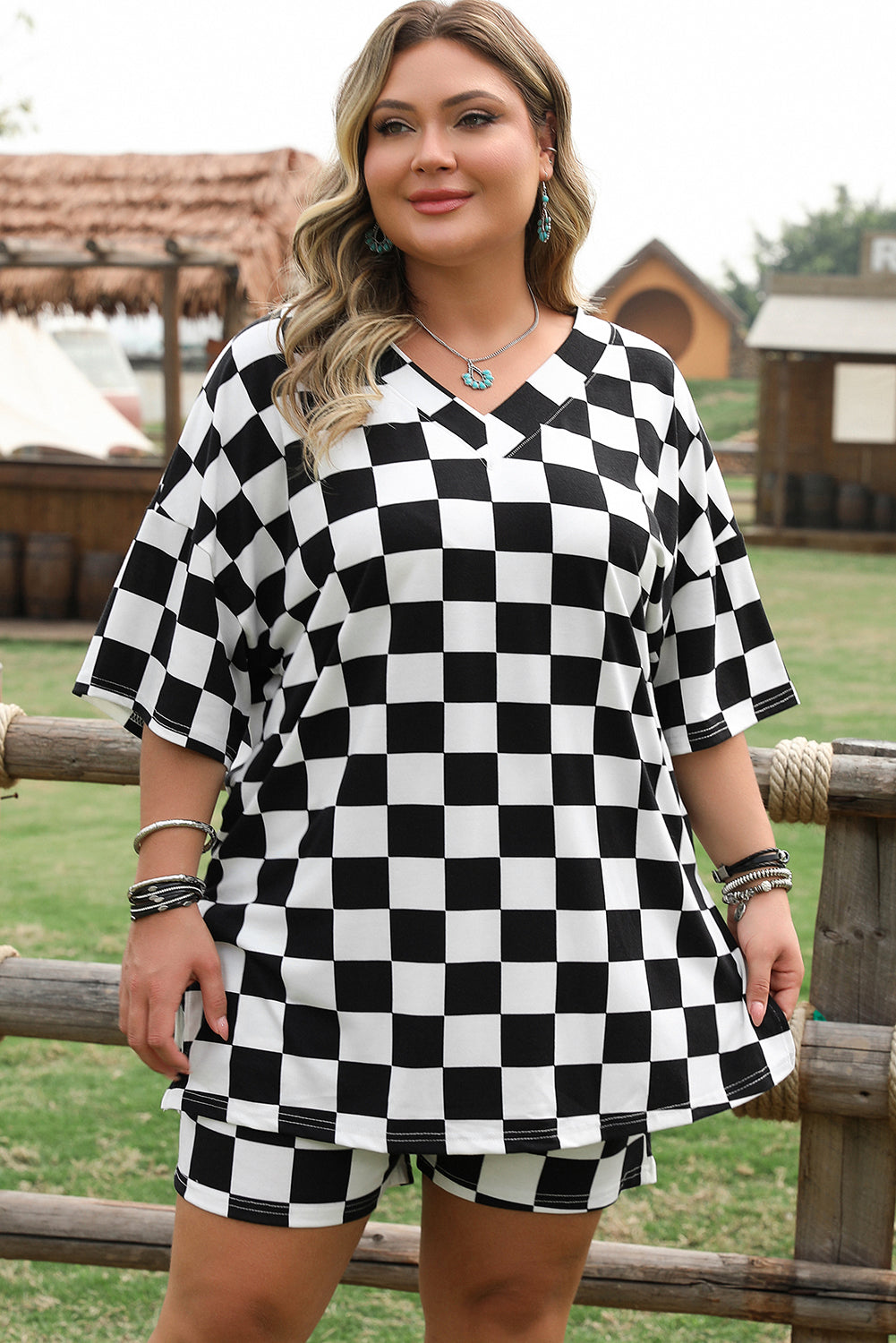 plus size dress shorts for women shop Black Checkered Pattern Tee and Shorts Plus Size Two Piece Set at Faith & Co. Boutique