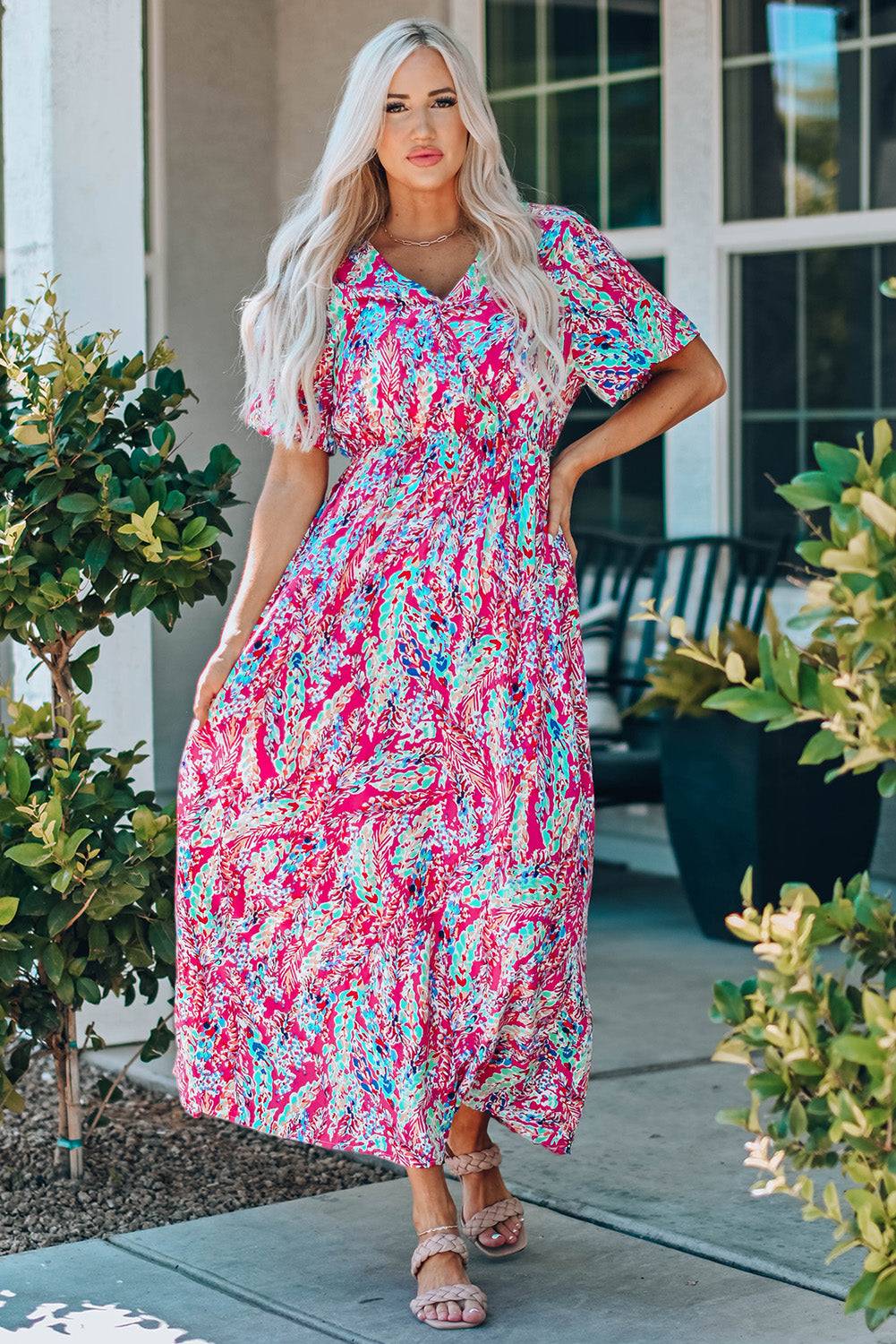 abstract floral maxi dress Everyday The Label Women's Floral Maxi Dress Short Sleeves Vneck in Dark Pink