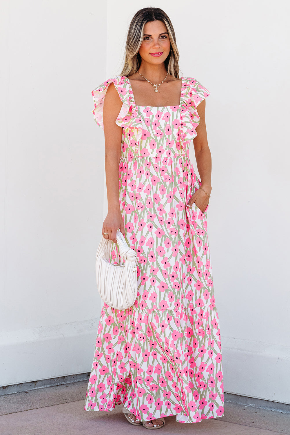 square neck floral maxi dress Pink Floral Print Square Neck Ruffled Maxi Sun Dress Pink / XL / 100%Polyester