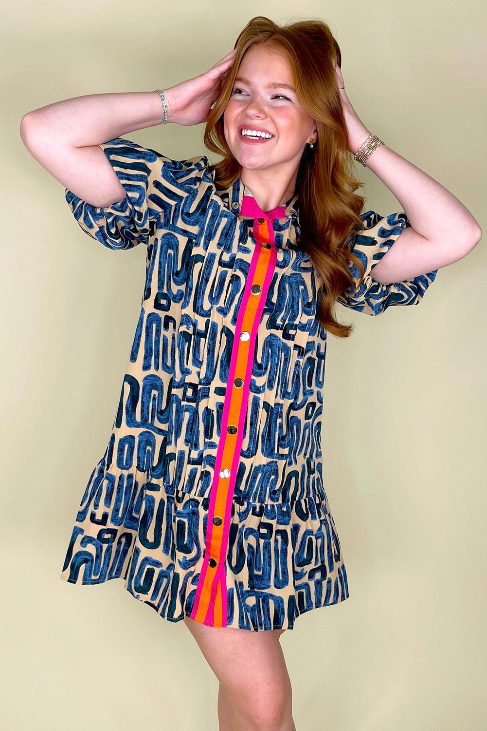 faith mini dress Everyday The Label Women's Beige Abstract Print Bubble Sleeve Button up Mini Dress