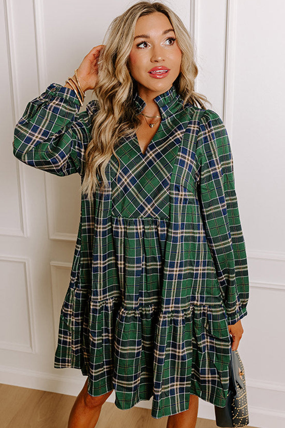 Plus Size Green and Navy Plaid Long Sleeve Split Neck Mini Dress Green / 1X / 55%Cotton+45%Viscose Plus Size Green and Navy Plaid Long Sleeve Split Neck Mini Dress Green / 1X / 55%Cotton+45%Viscose