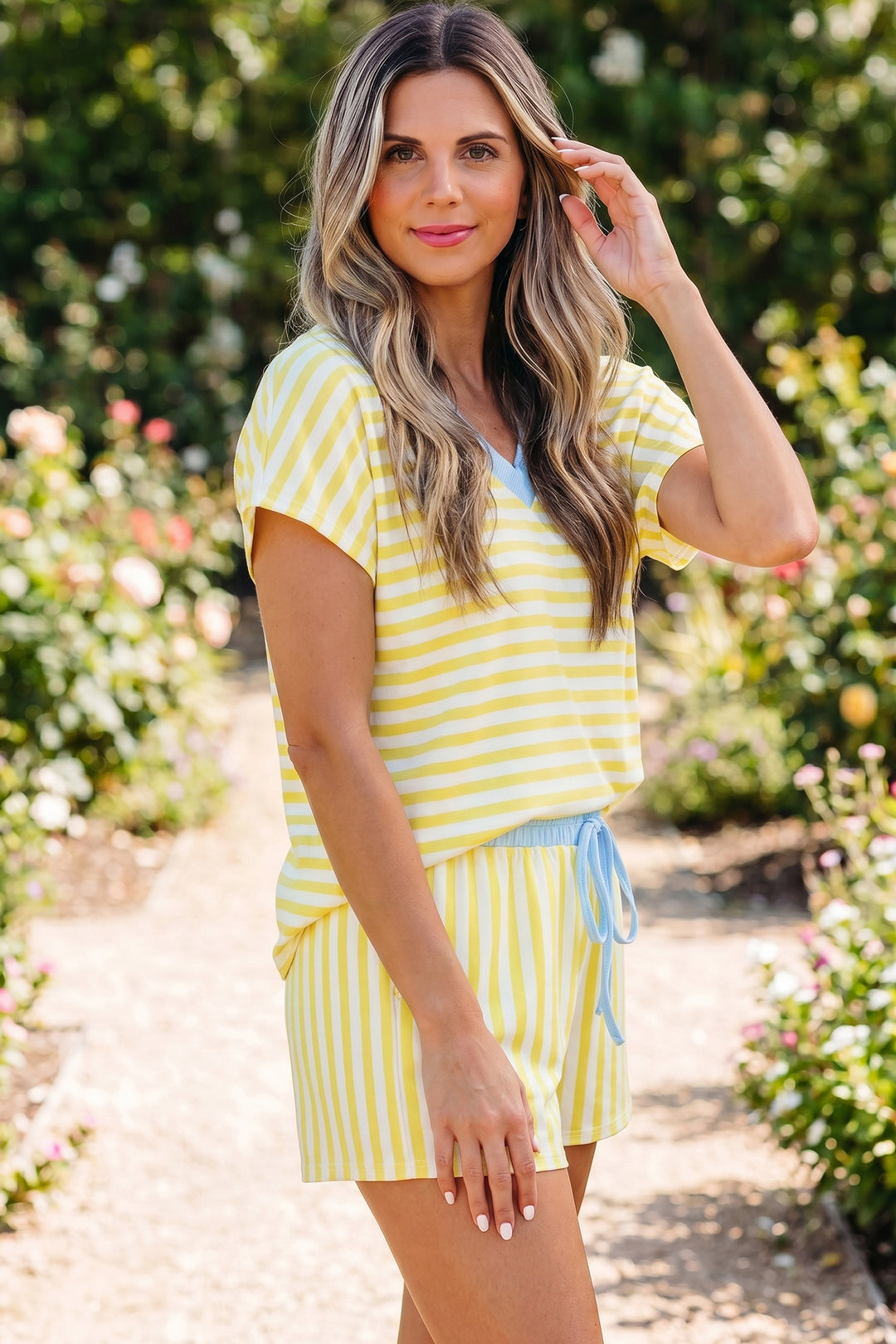 Stripe Colorblock Trim V Neck Tee Drawstring Elastic Waist Short Set