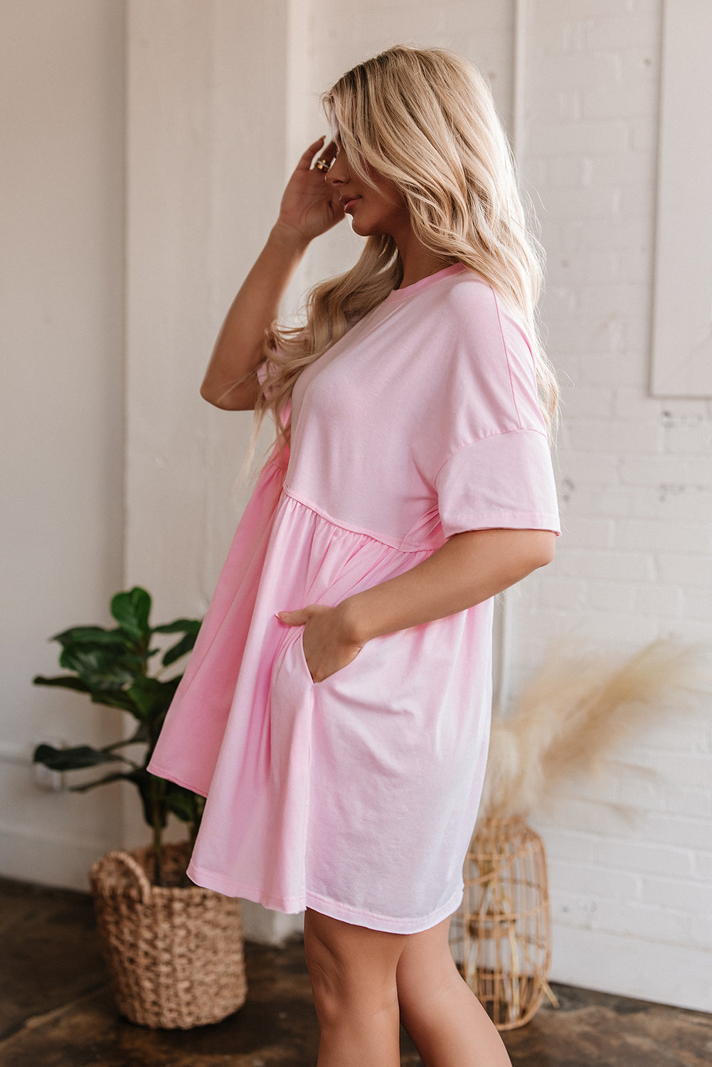 Solid Color Pocketed Raw Edge Babydoll Dress Solid Color Pocketed Raw Edge Babydoll Dress