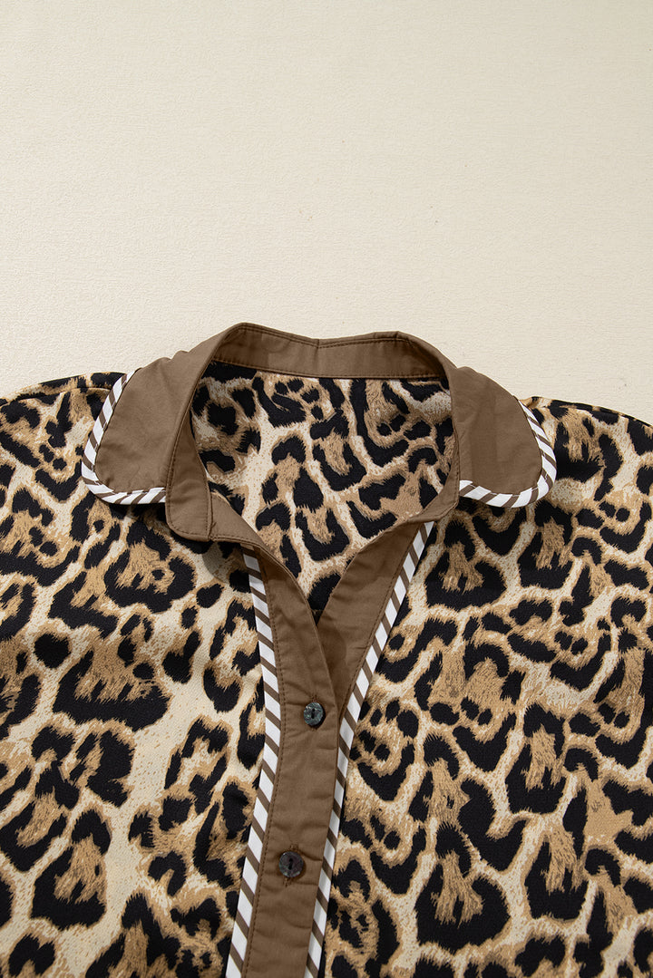Brown Leopard Collared 3/4 Sleeve Shirt and Loose Pants Two Piece Outfit Set