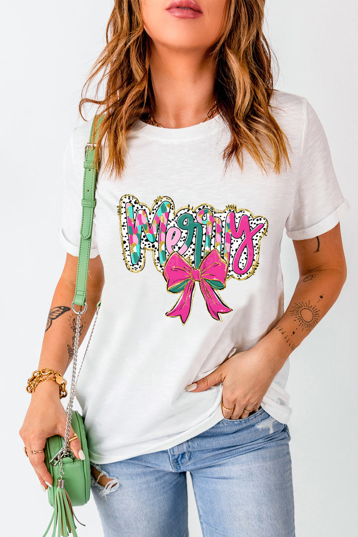 White Animal Spots Merry Letter Bow Printed Crewneck Tee