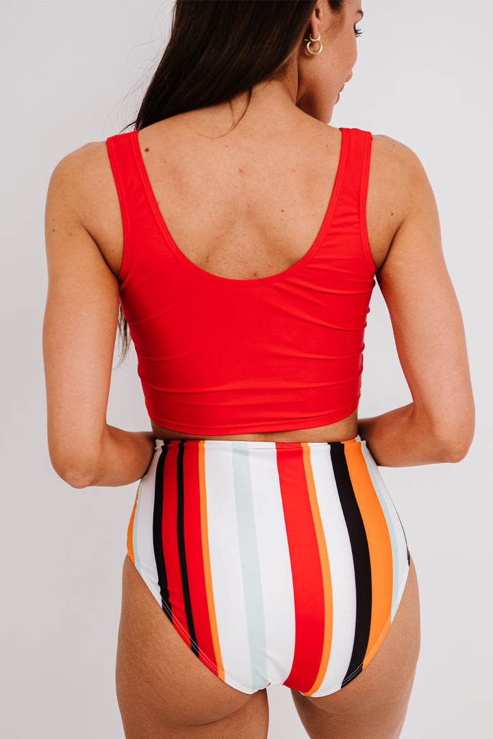 Red Square Neck Sleeveless Striped Print Tankini Swimsuit