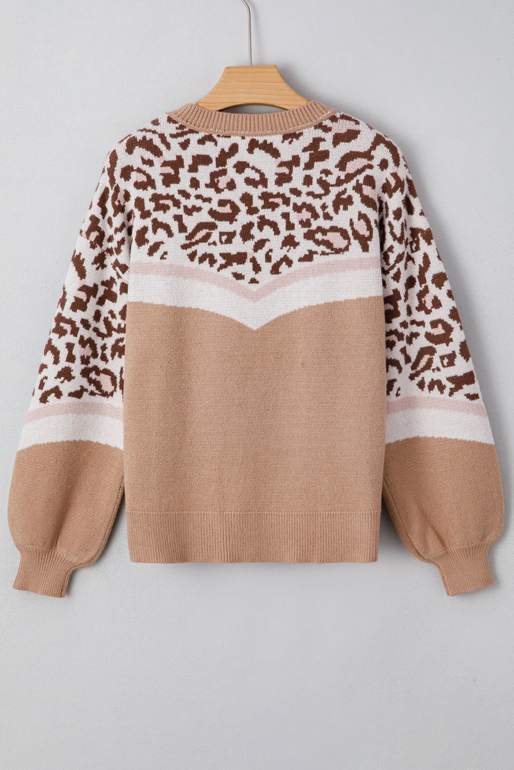Leopard Color Block Knit Round Neck Baggy Sweater