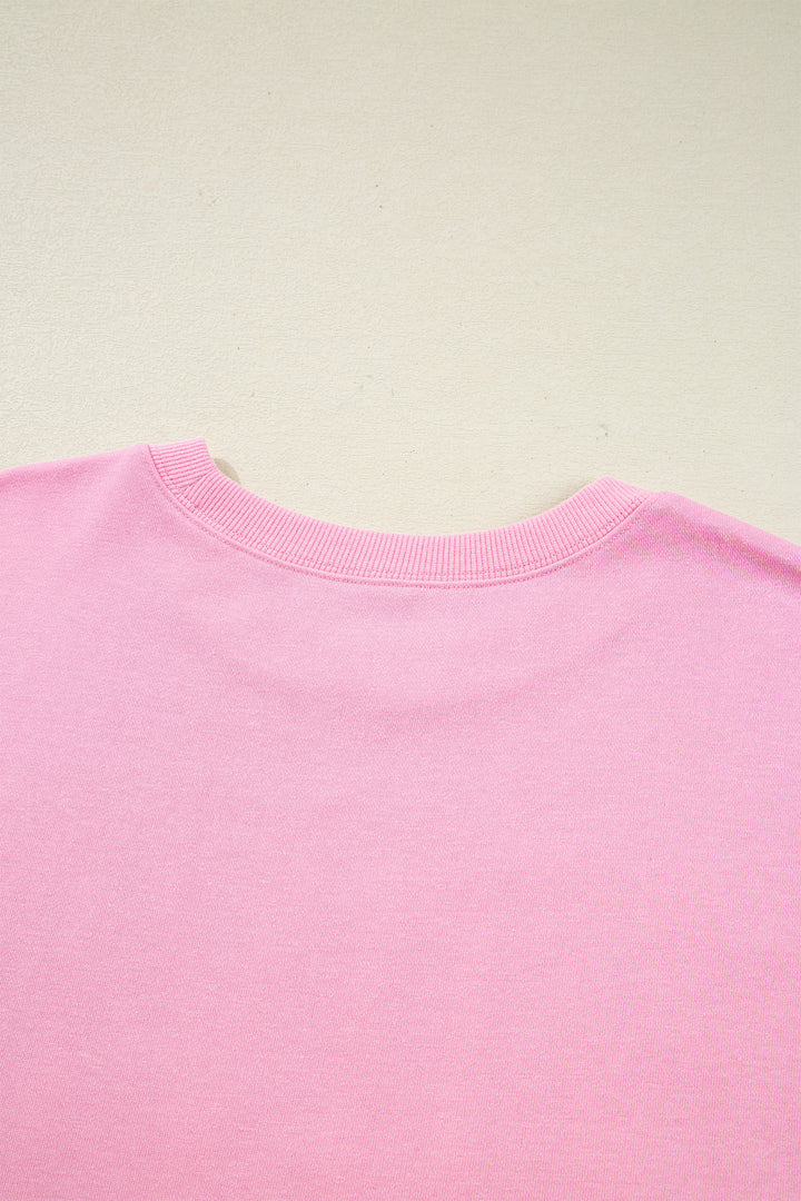 Pink Bow Sequin XOXO Letter Graphic Exposed Seam Baggy Sweatshirt