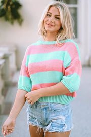 Green Contrast Striped Drop Shoulder Loose Sweater -
