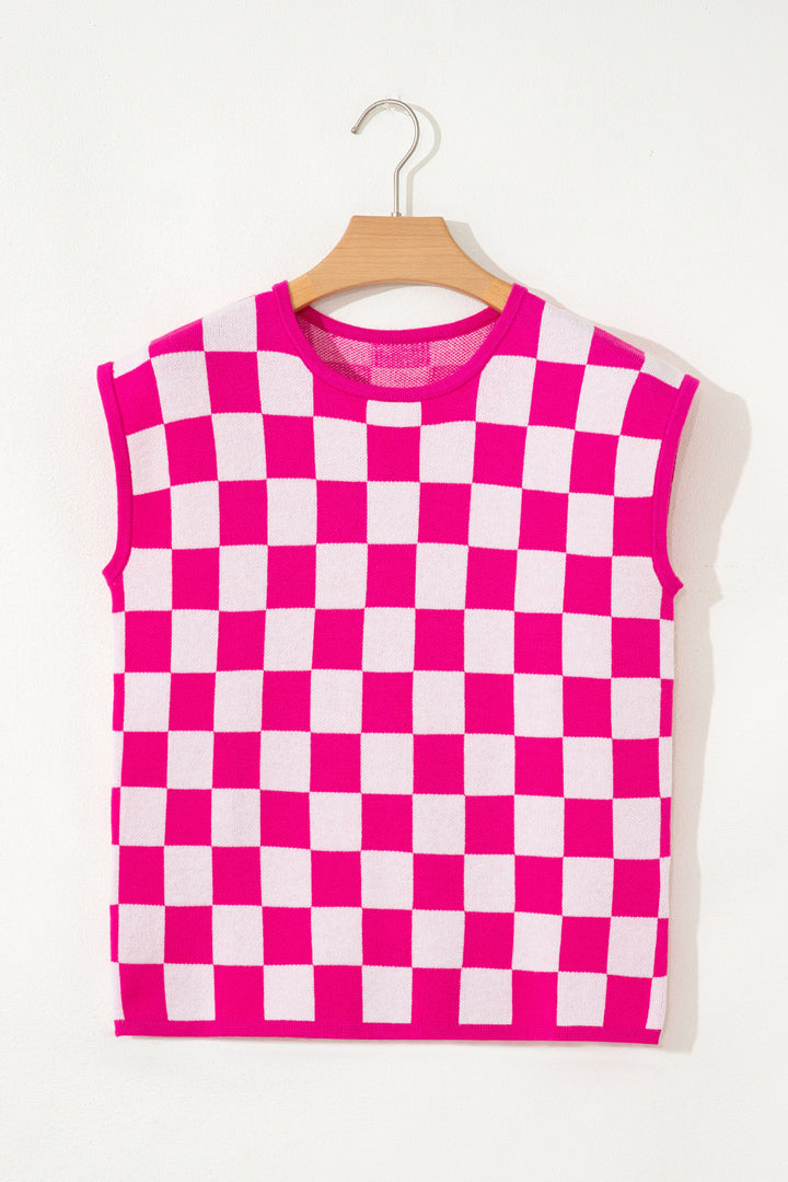Rose Check Pattern Cap Sleeve Knitted BLOUSE