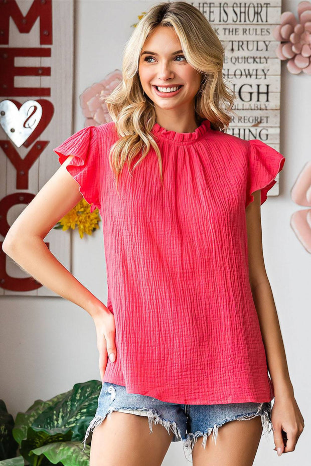 Rosy Crinkled Ruffle Casual Short Sleeve Blouse Faith & Co. Boutique