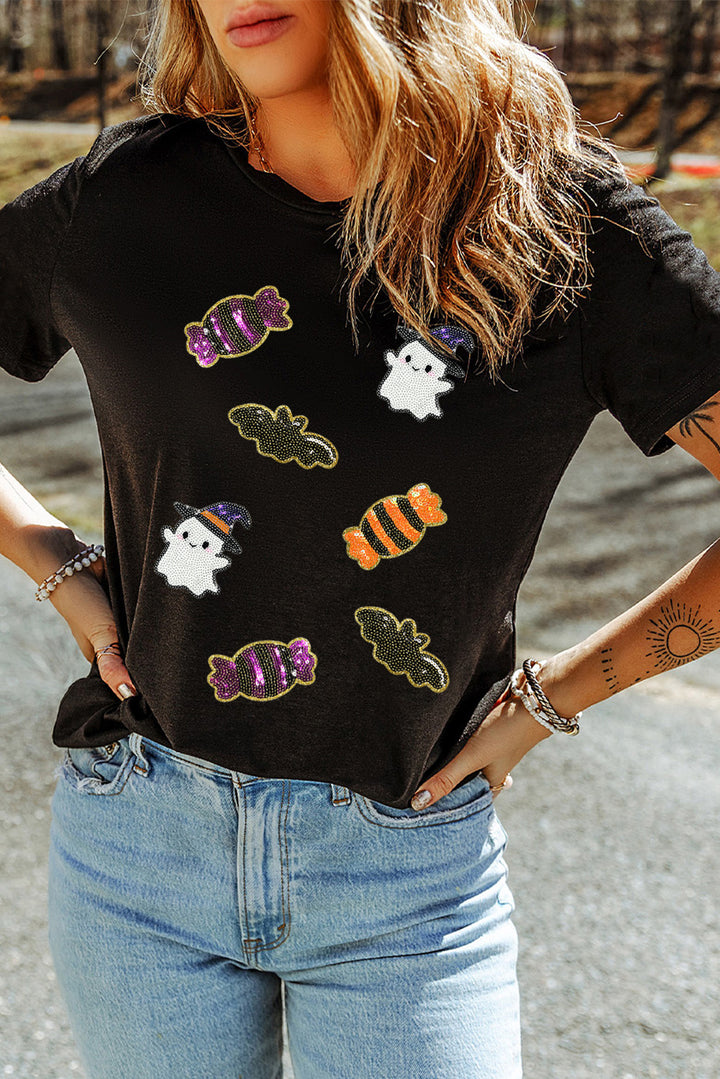 Sequined Halloween Spirit Pattern Patched Custom Casual Tee