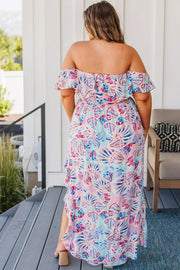 Pink Sea Shell Print Ruffled Sleeve Plus Size Maxi Dress -
