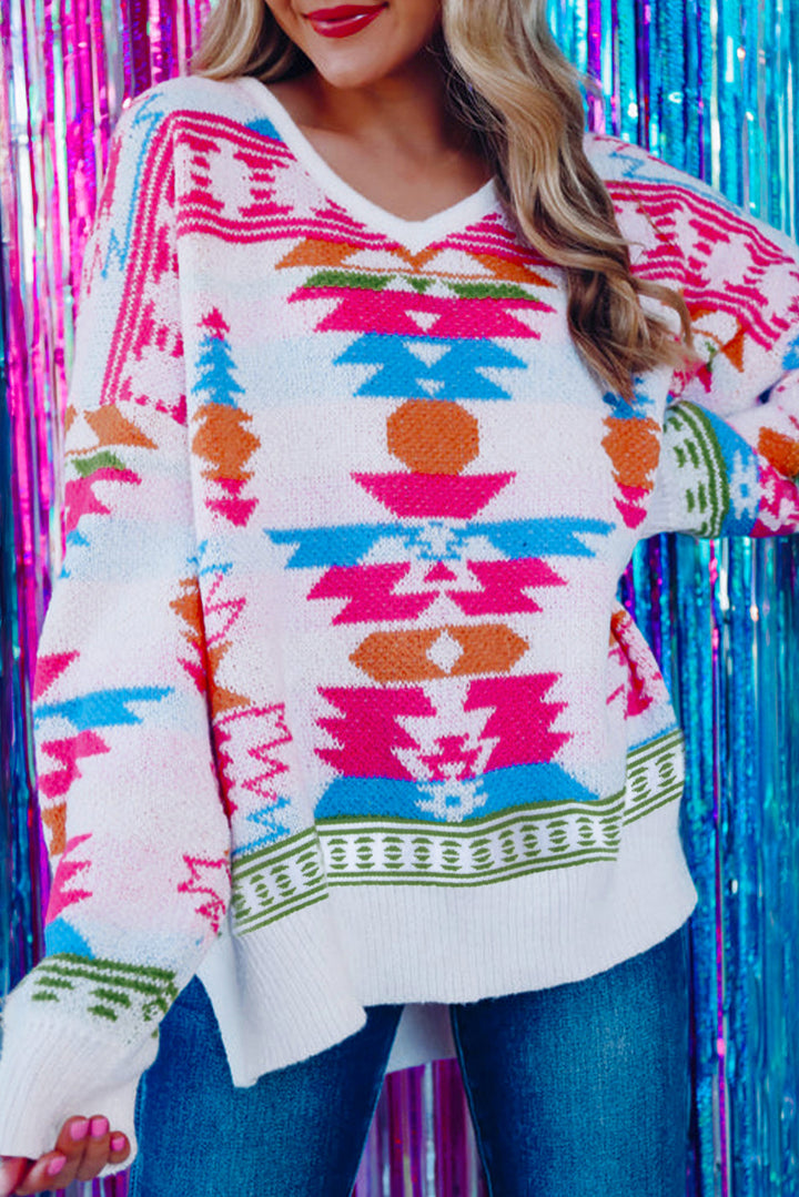 White Oversize Aztec Print High Low V Neck Sweater