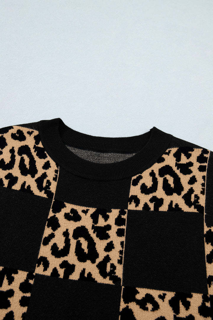 Leopard Checkerboard Short Sleeve Knit Sweater