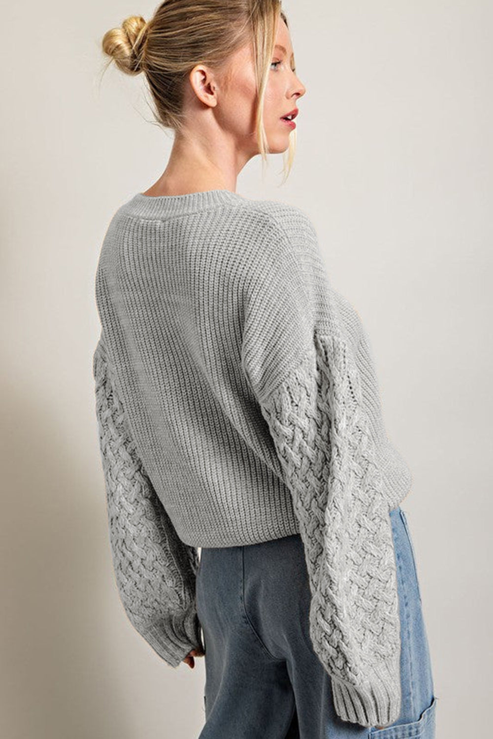 Sea Green Cable Knit Sleeve Drop Shoulder Sweater