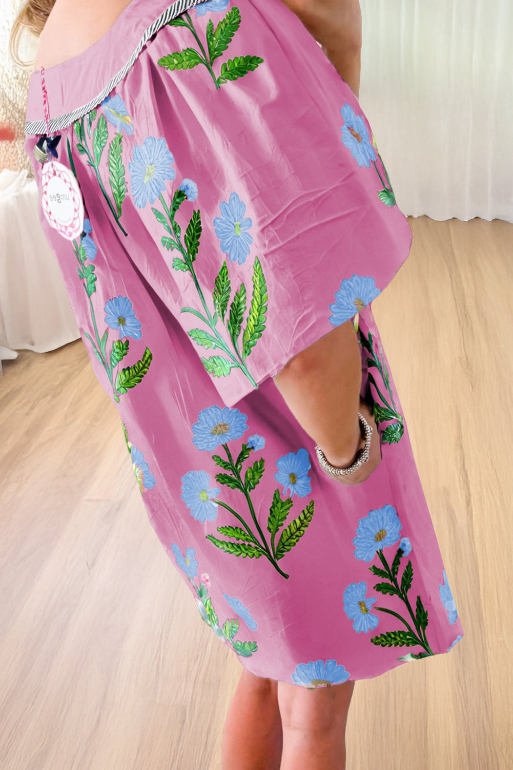 Floral Short Sleeve Split Neck Loose Mini Dress