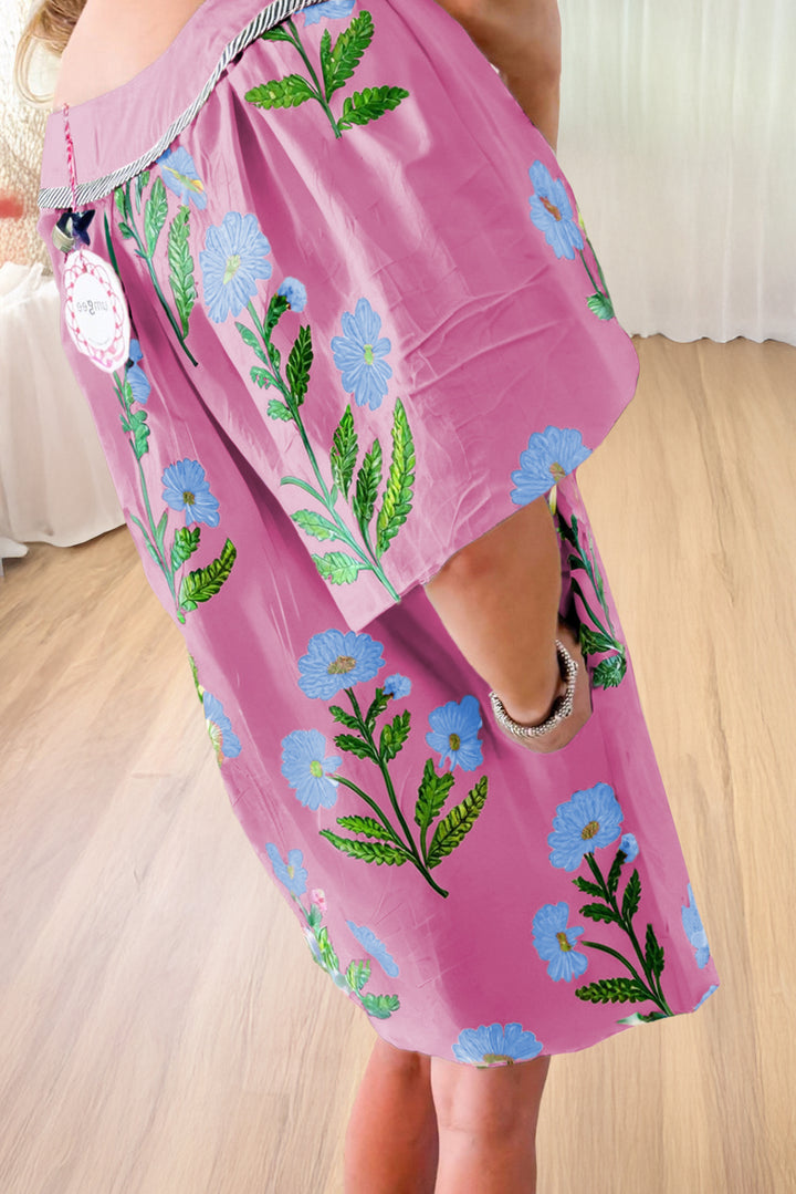 Floral Short Sleeve Split Neck Loose Mini Dress