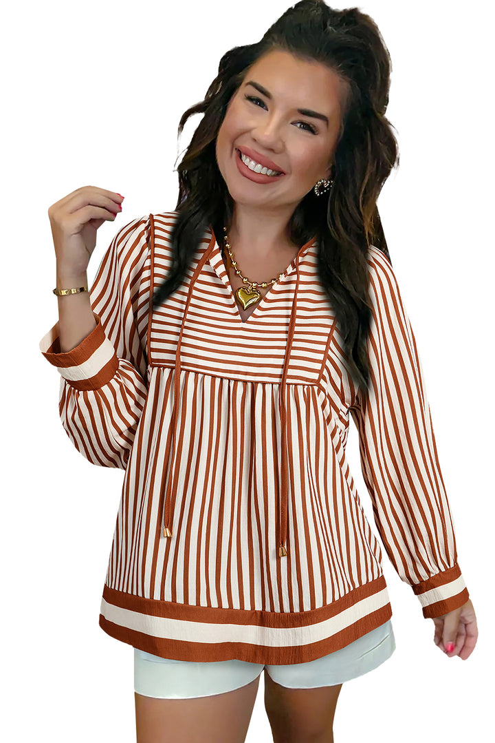 Brown Striped Drawstring V Neck Blouse