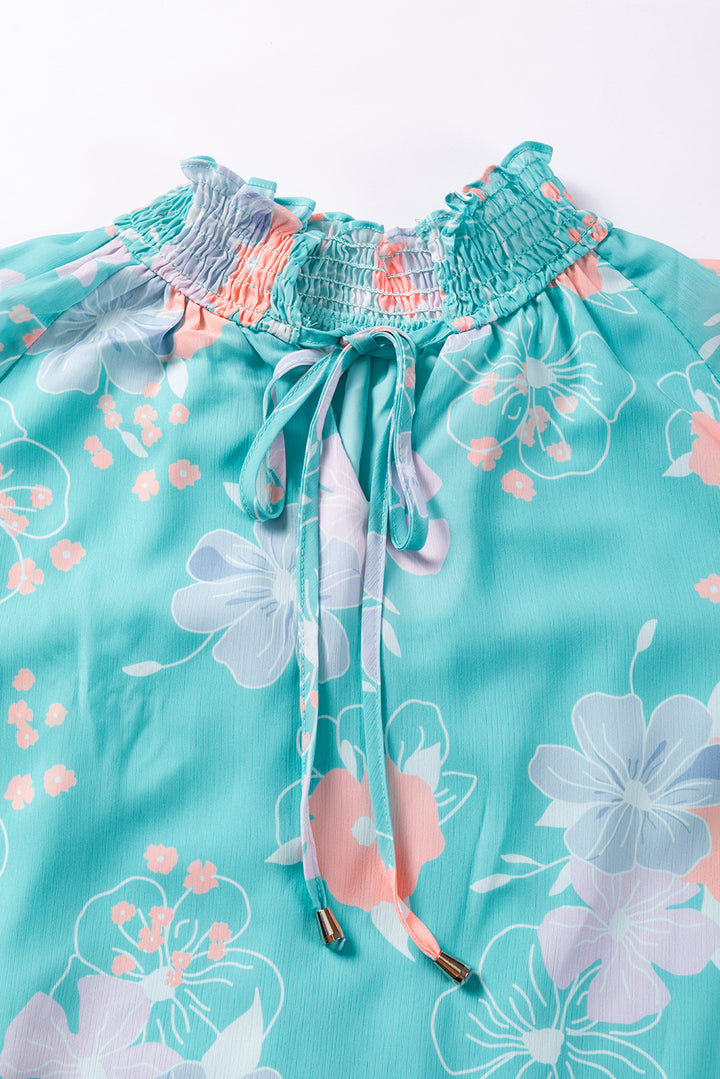 Sky Blue Floral Split Neck Ruffled Puff Sleeve Blouse