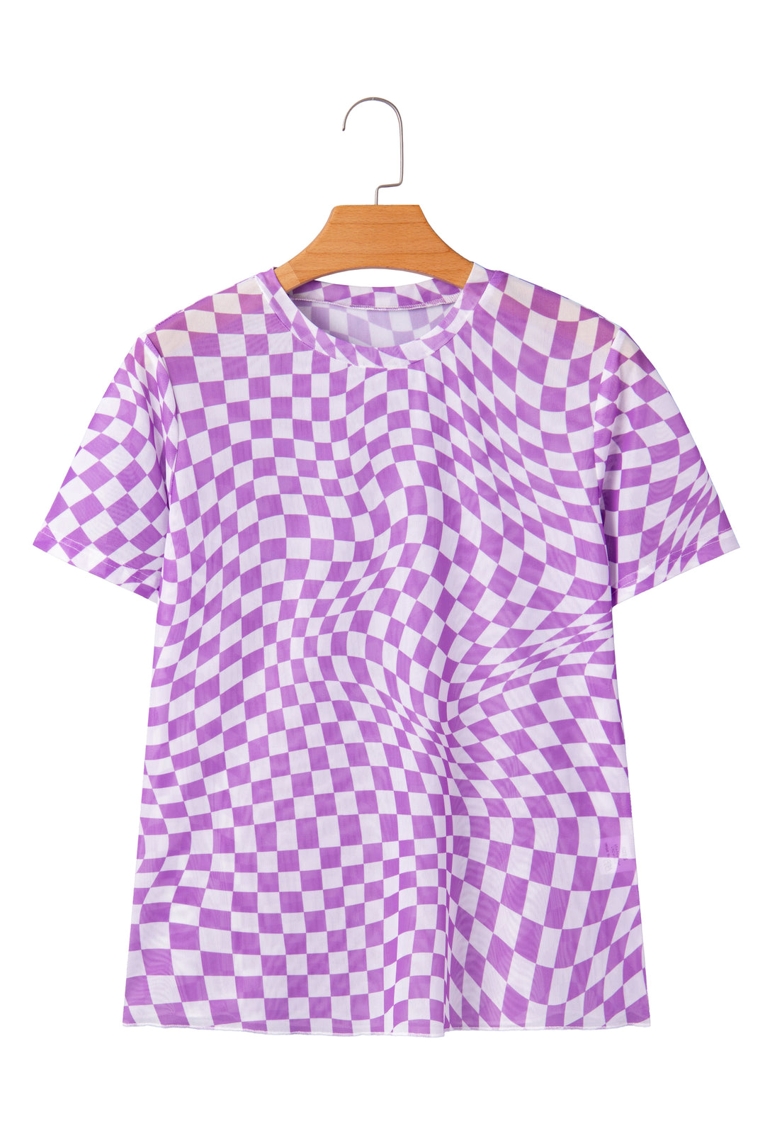 Checkered Print Mock Neck Mesh T Shirt