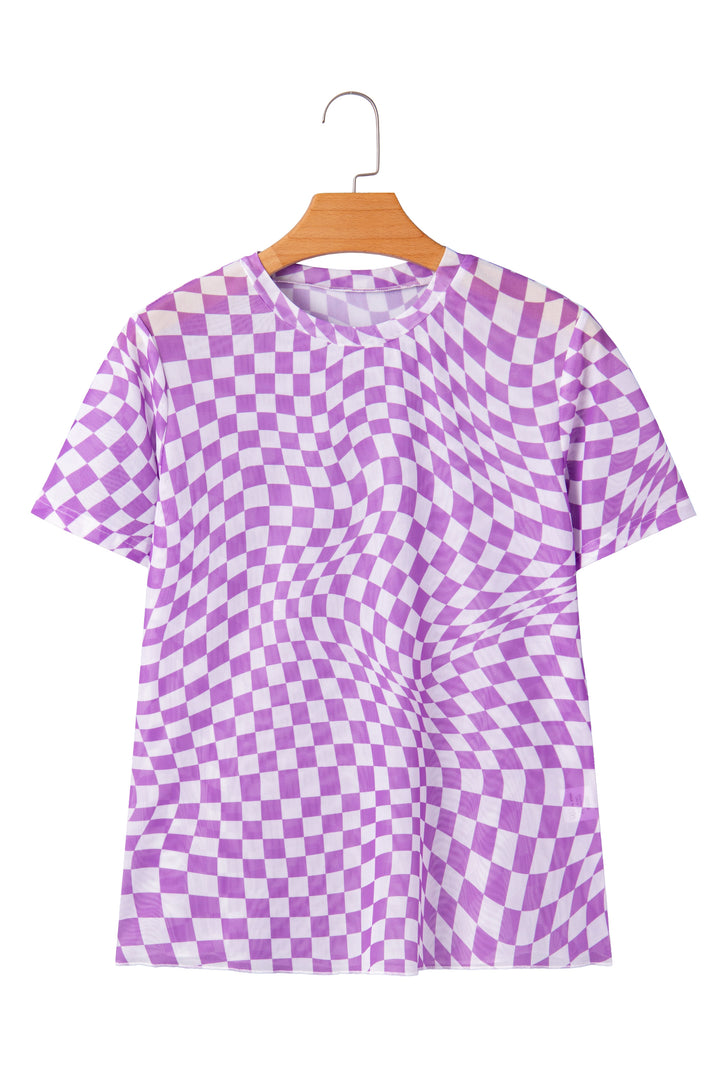 Checkered Print Mock Neck Mesh T Shirt