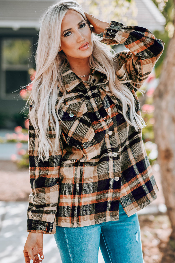 Geometric Plaid Print Pocketed Shacket -