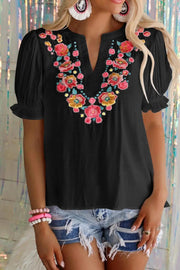 Floral Embroidered Ruffled Puff Sleeve Blouse - Black / 2XL / 100%Cotton