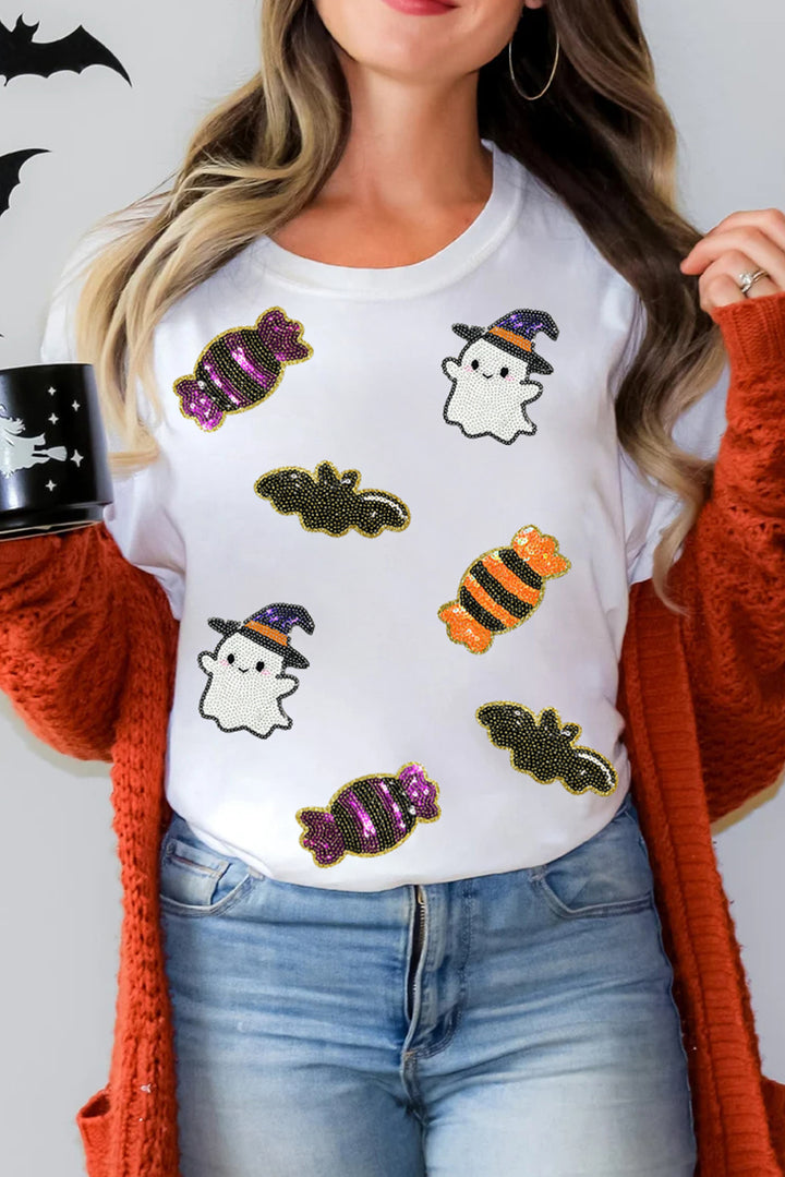 Sequined Halloween Spirit Pattern Patched Custom Casual Tee