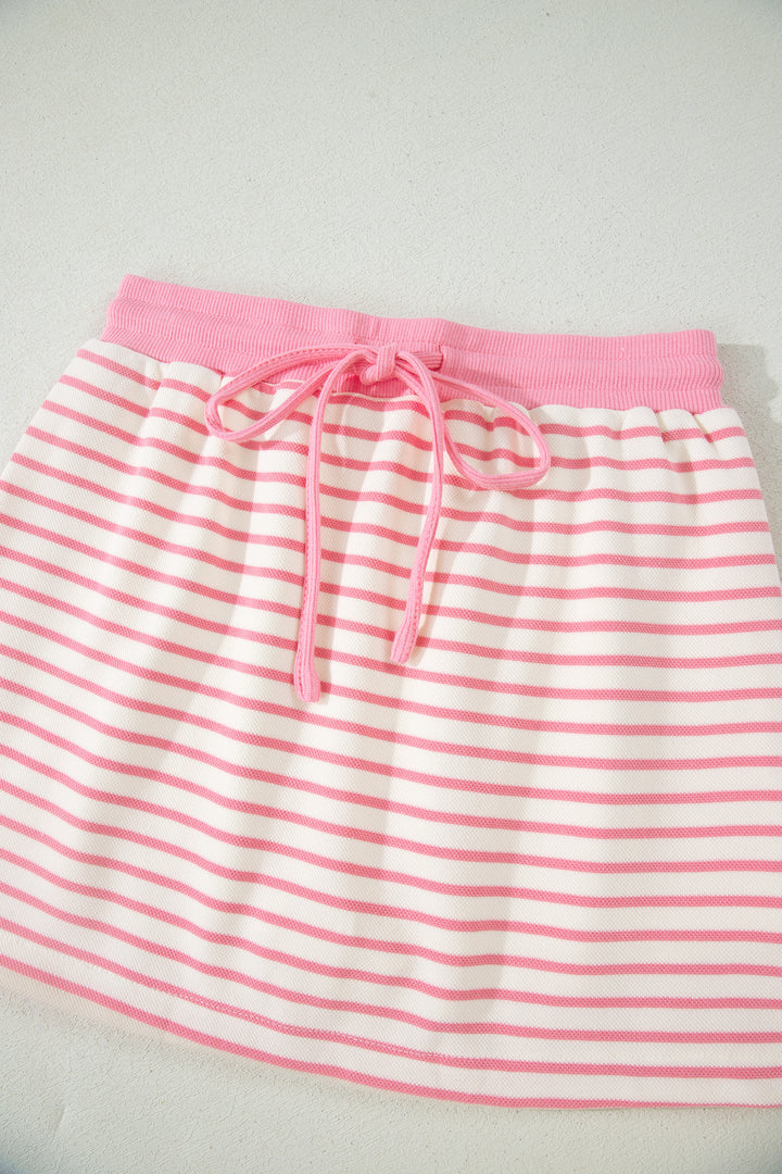Pink Stripe Color Block Patchwork Polo Tee Drawstring Elastic Waist 2pcs Skort Set