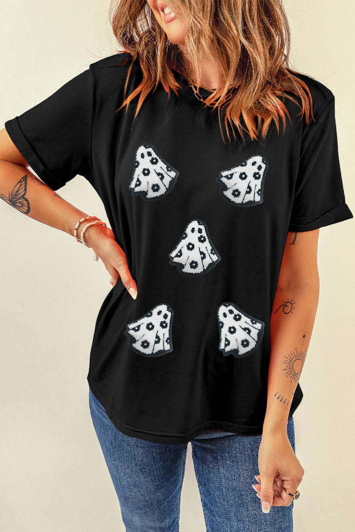 Halloween Playful Ghost Patched Cotton Blend T Shirt