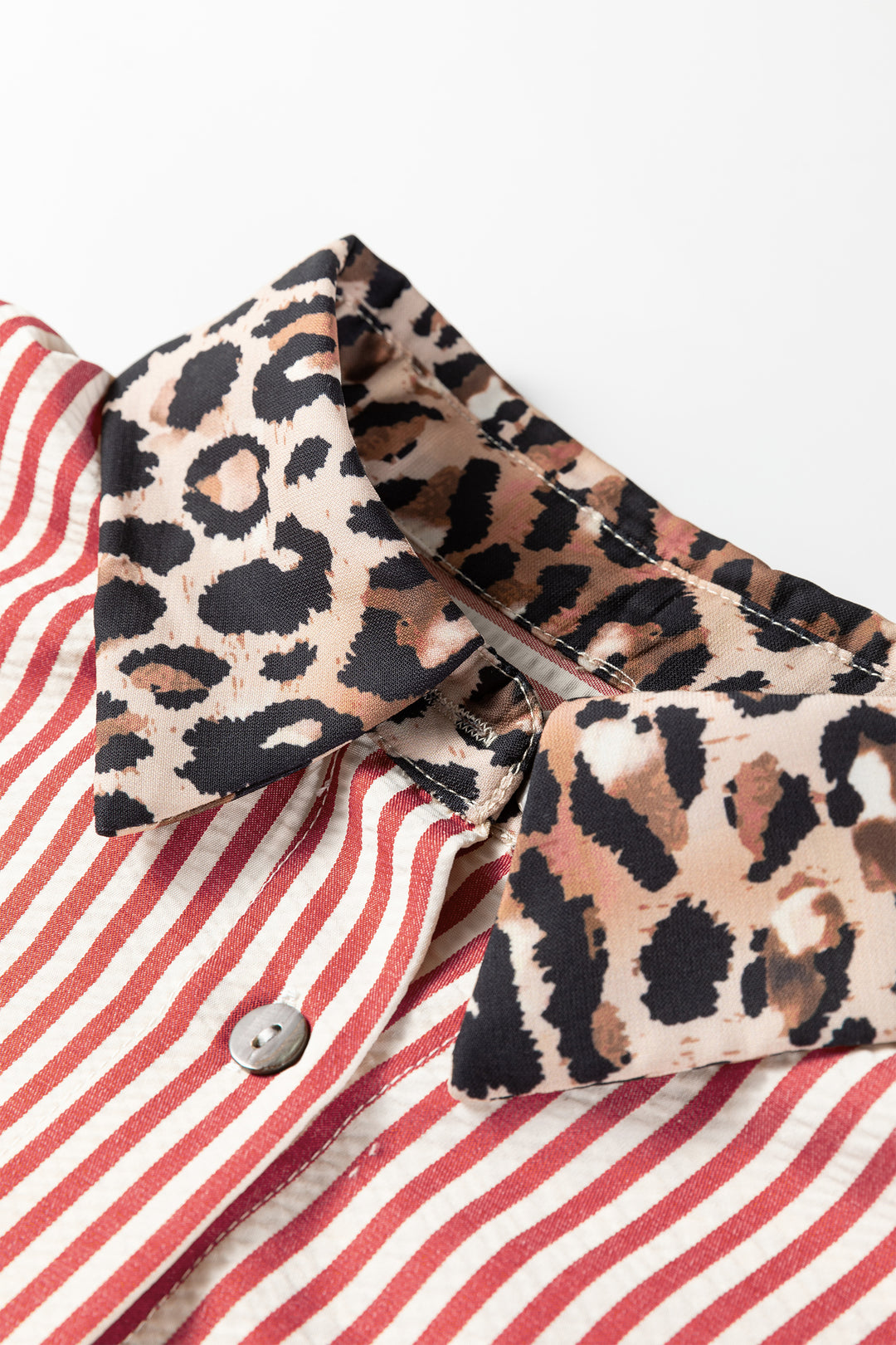 Red Striped Leopard Print Patchwork Button Up Women's Shirt