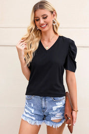 Puff Sleeve V-Neck T-Shirt - Black / 2XL / 95%Cotton+5%Elastane