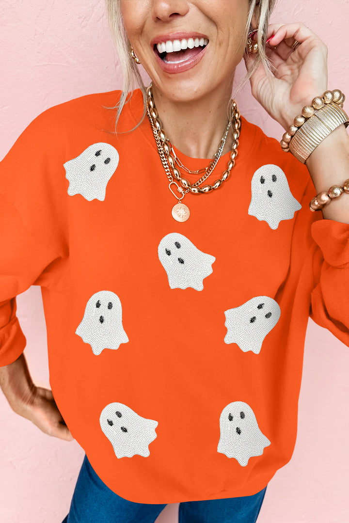 Sequin Halloween Ghost Patched Drop Shoulder Sweatshirt
