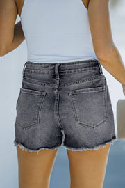 Black Blue Distressed Frayed Denim Shorts -
