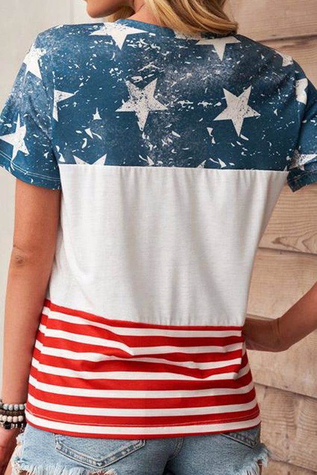 a woman wearing an american flag shirt