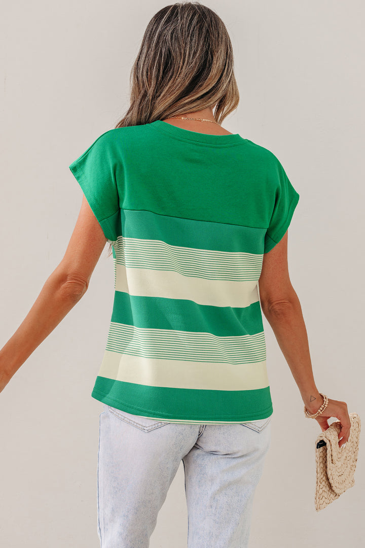 Stripe Mixed Print Crew Neck Cap Sleeve T Shirt