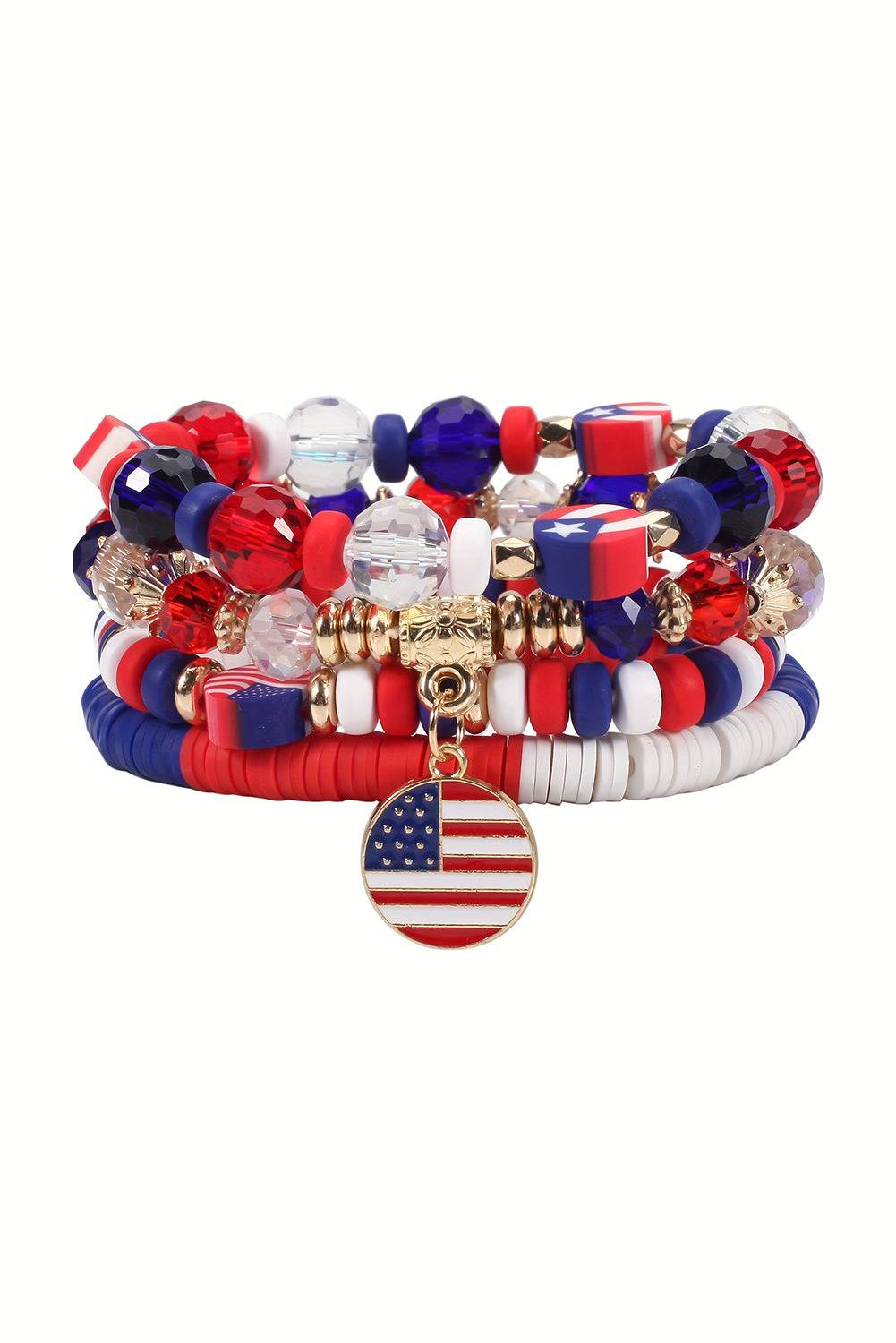 a stack of bracelets with an american flag charm