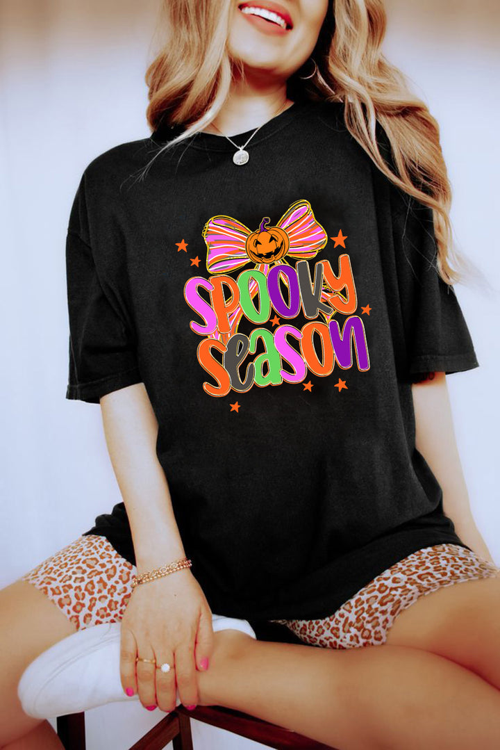 Black SPOOKY SEASON Halloween Pumpkin Bow Print T Shirt