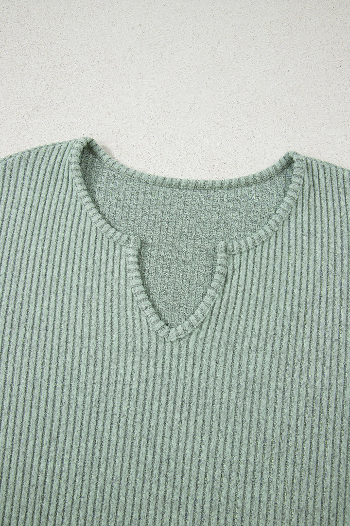 Ribbed Notched Neck Knit Long Sleeve Leggings Two Pieces Lounge Set