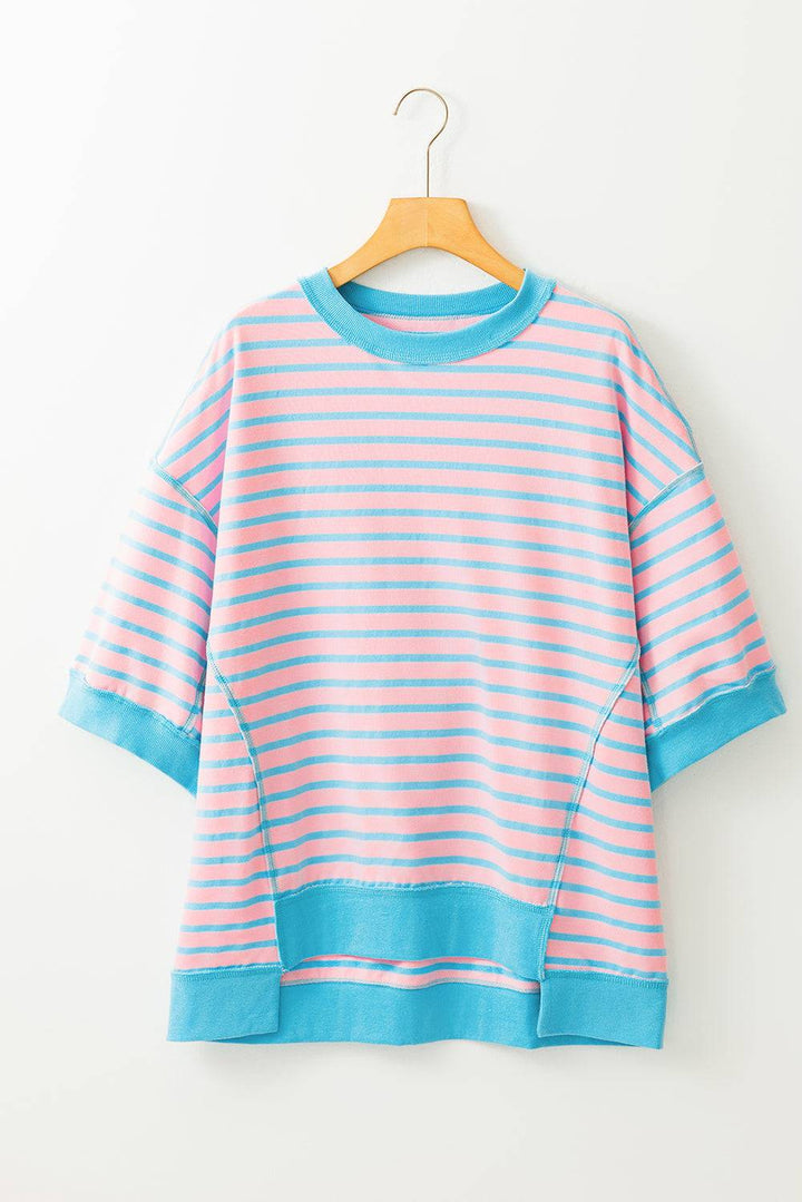 Stripe Oversized Contrast Trim Exposed Seam High Low T Shirt