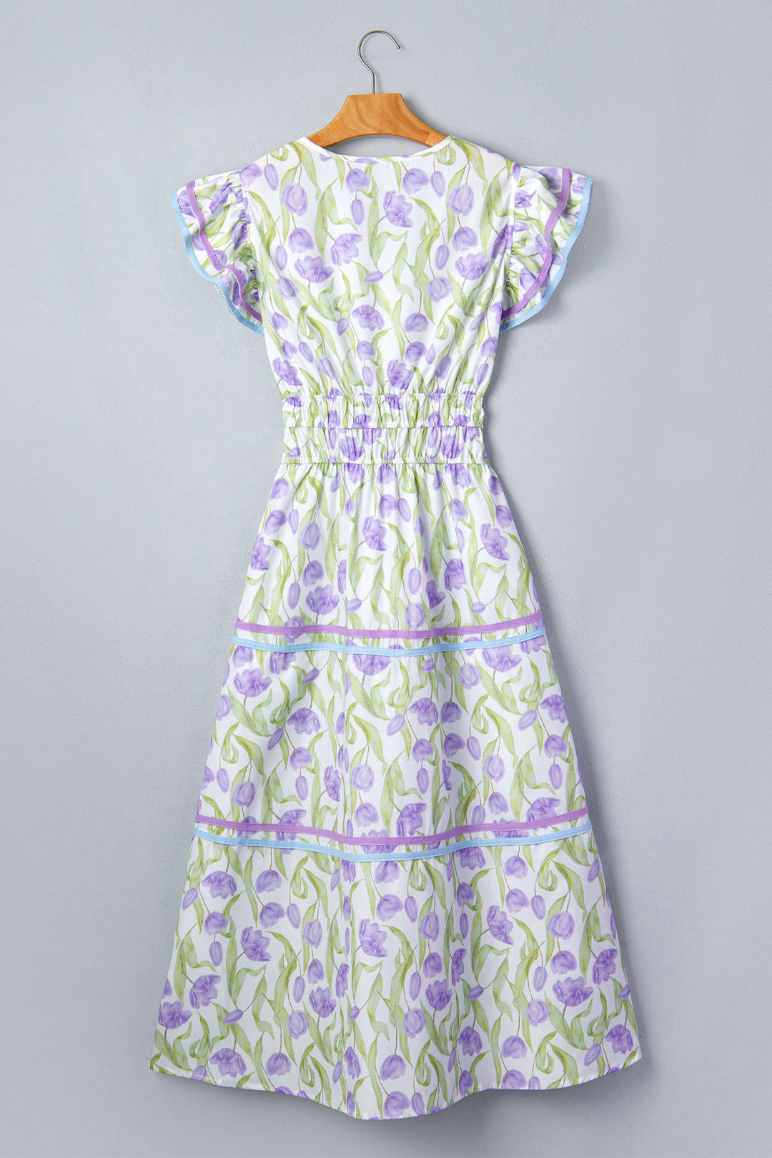 Purple Tulip Floral Print Contrast Trim Midi Dress