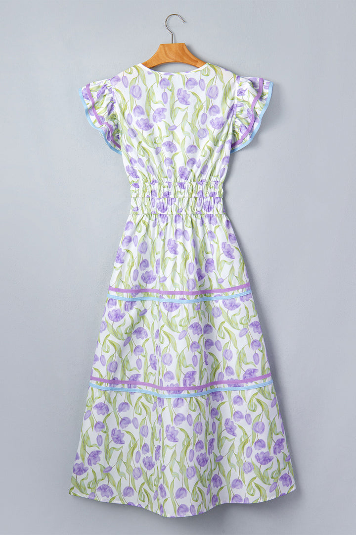 Purple Tulip Floral Print Contrast Trim Midi Dress