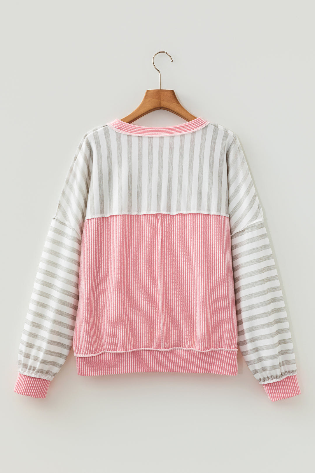 Pink Twisted Rib Trim Striped Round Neck Long Sleeve Top