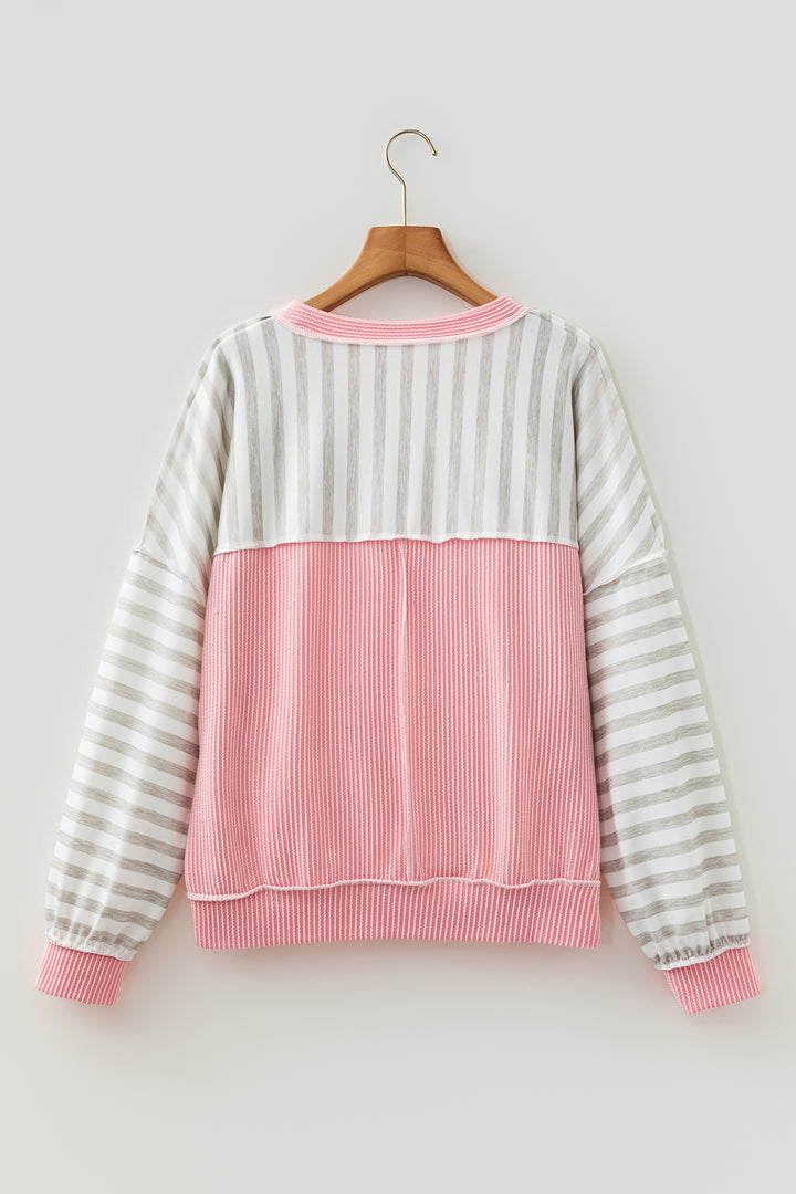 Pink Twisted Rib Trim Striped Round Neck Long Sleeve Top