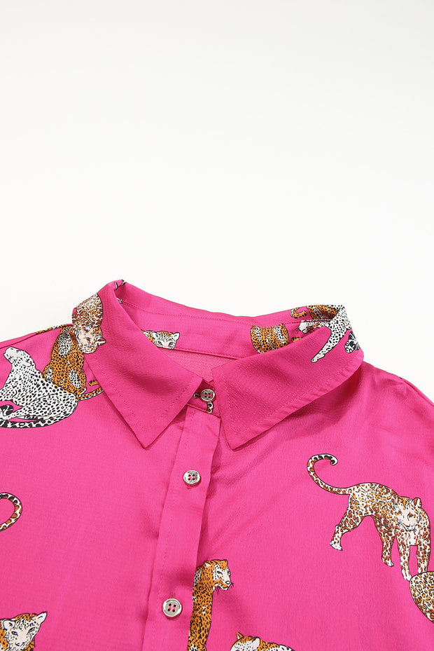 Strawberry Pink Cheetah Print Satin Shirt and Shorts Lounge Set